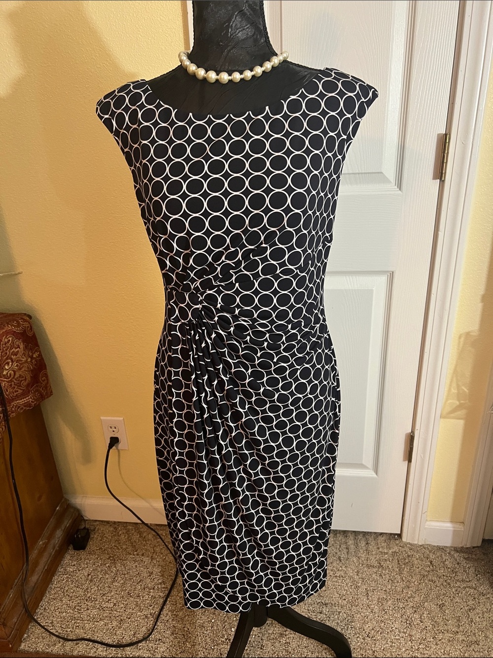 Dress Barn Black & White Polka Dot Ruched Sheath Dress